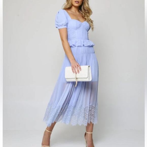 Self-Portrait Light Blue Short Sleeve Chiffon Midi Dress US Size 2
